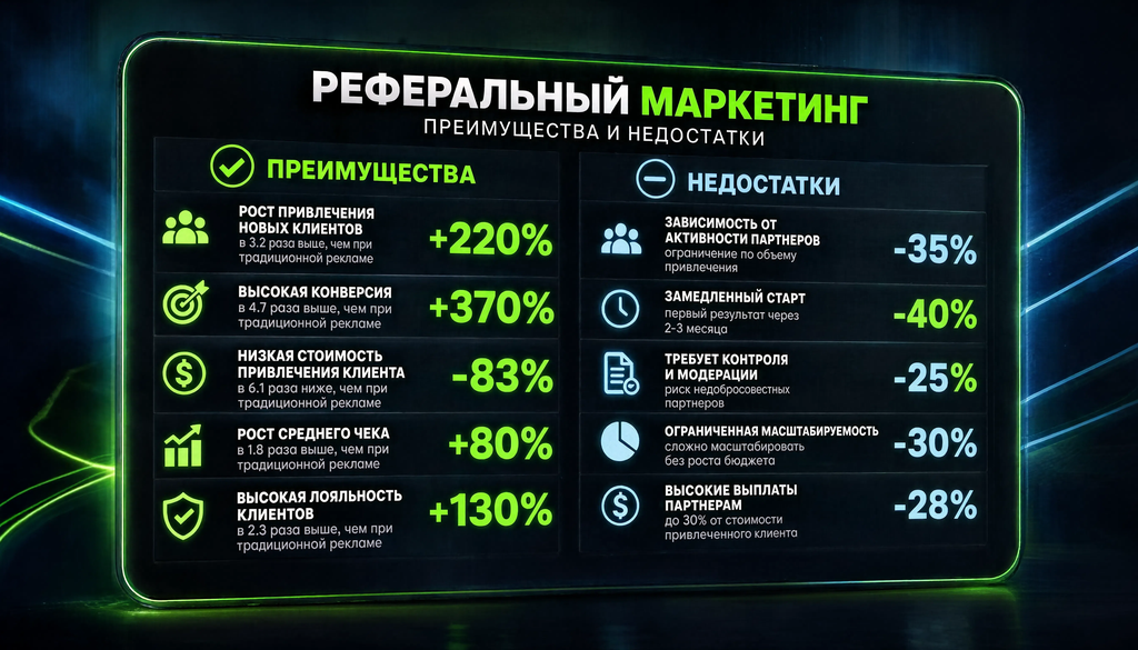 Сравнительная таблица преимуществ и недостатков реферального маркетинга с количественными показателями