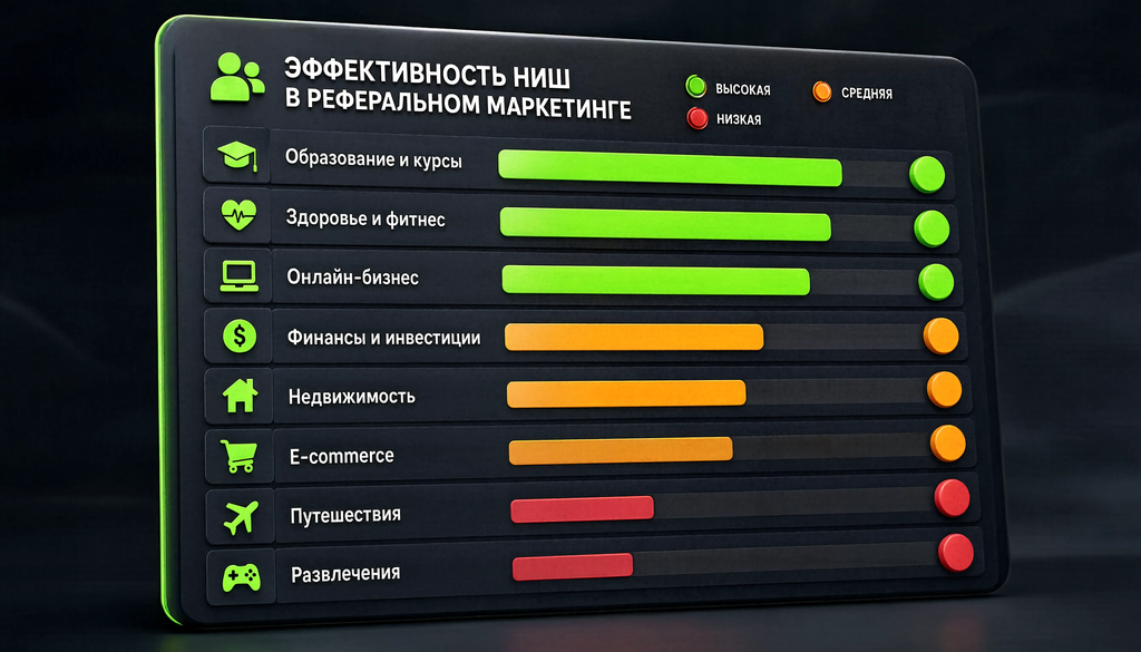 Инфографика эффективности реферального маркетинга по нишам с цветовой индикацией: зелёные &mdash; высокая, жёлтые &mdash; средняя, красные &mdash; низкая