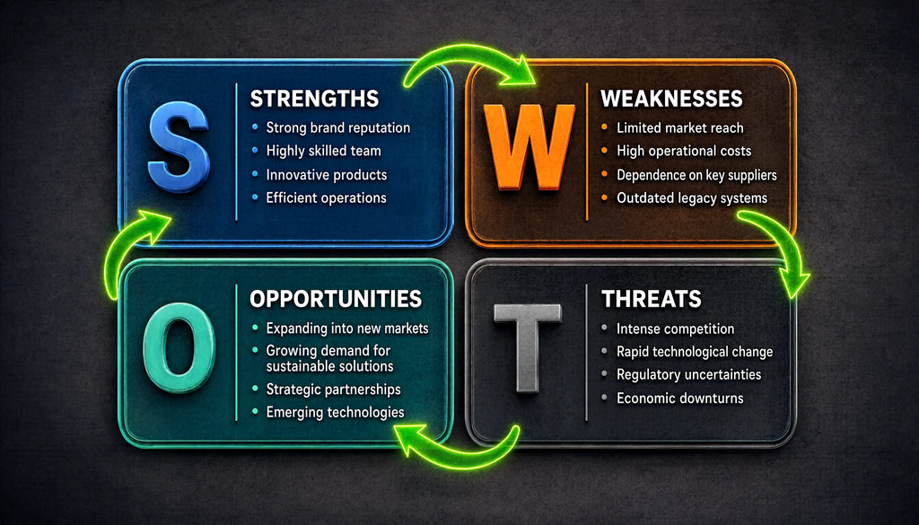 SWOT matrix 2x2 with examples of strengths, weaknesses, opportunities, and threats, arrows showing strengths covering threats and opportunities compensating weaknesses