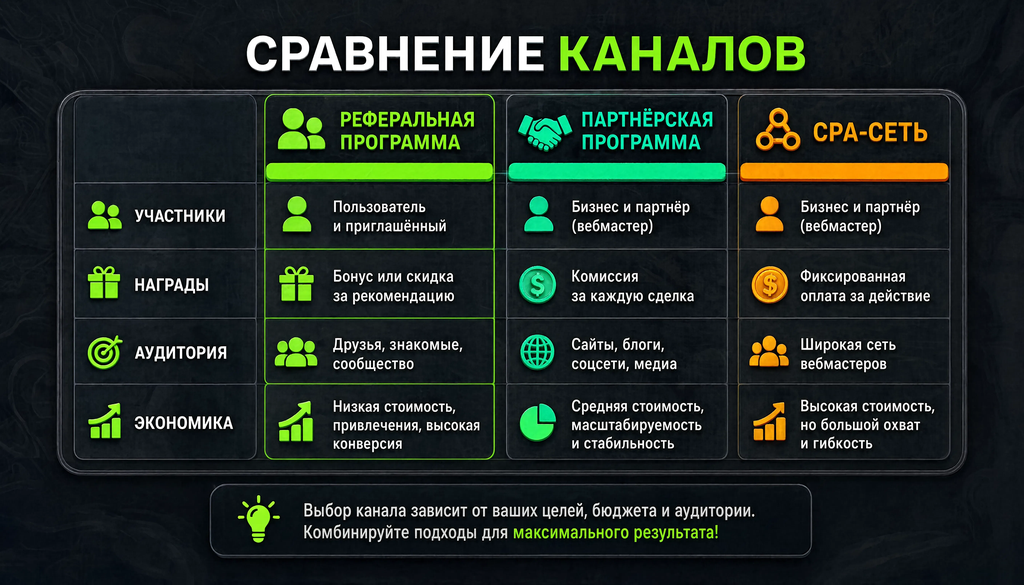 Сравнение реферальной программы, партнёрской программы и CPA-сети по участникам, награде, аудитории и экономике