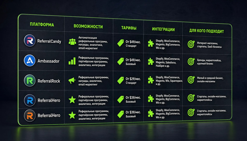 Сравнительная таблица сервисов реферального маркетинга: платформа, возможности, тарифы, интеграции, для кого подходит