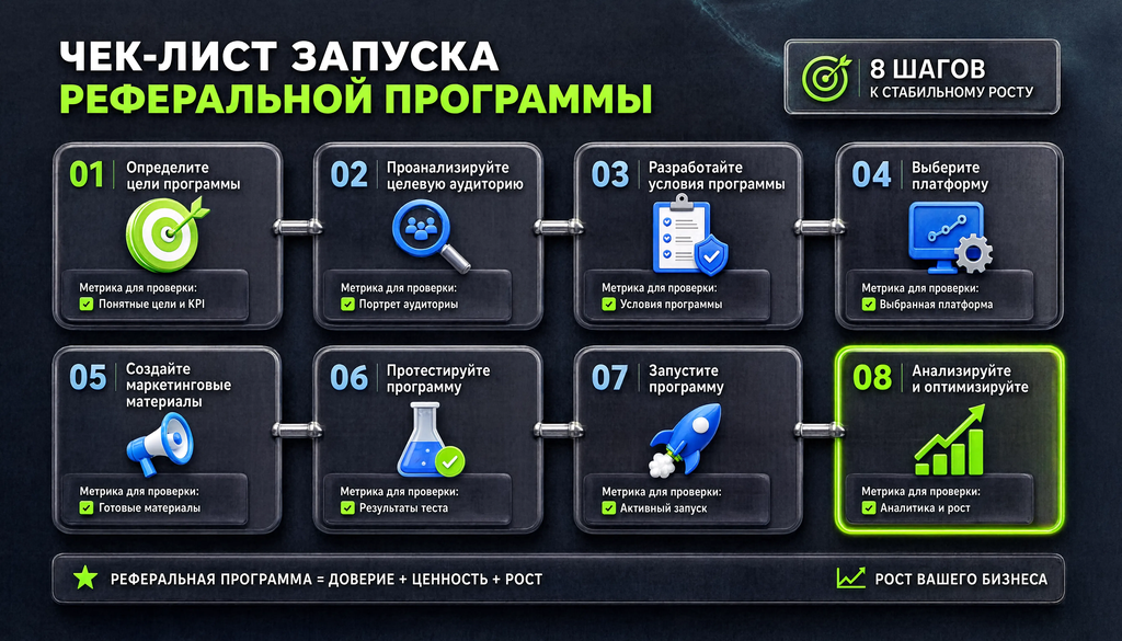 Чек-лист запуска реферальной программы: 8 шагов с ключевыми действиями и метриками для проверки на каждом этапе