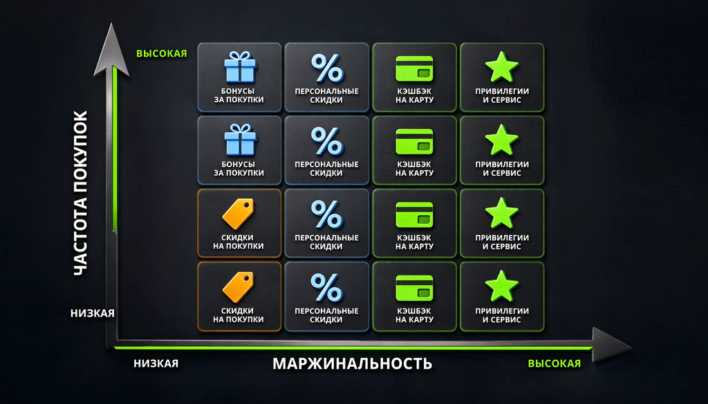 Матрица выбора вознаграждения: оси &mdash; частота покупок и маржинальность. Каждая ячейка &mdash; рекомендованный тип вознаграждения.