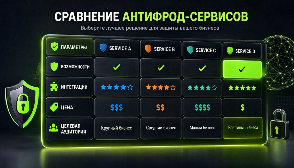 Сравнение антифрод-сервисов: возможности, интеграции, цена, целевая аудитория.