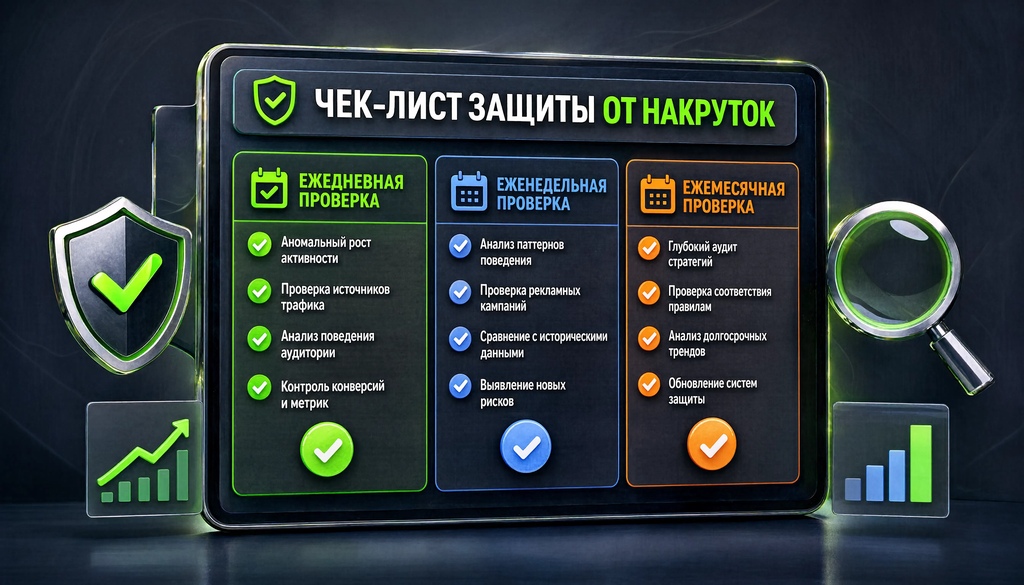 Чек-лист защиты от накруток: что проверять ежедневно, еженедельно и ежемесячно. Инструменты и метрики для мониторинга.