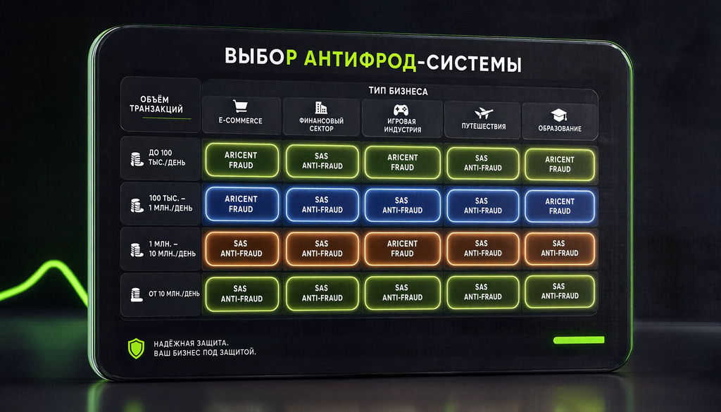Infographic matrix for choosing anti-fraud system: axes show transaction volume and business type, each cell recommends a service.