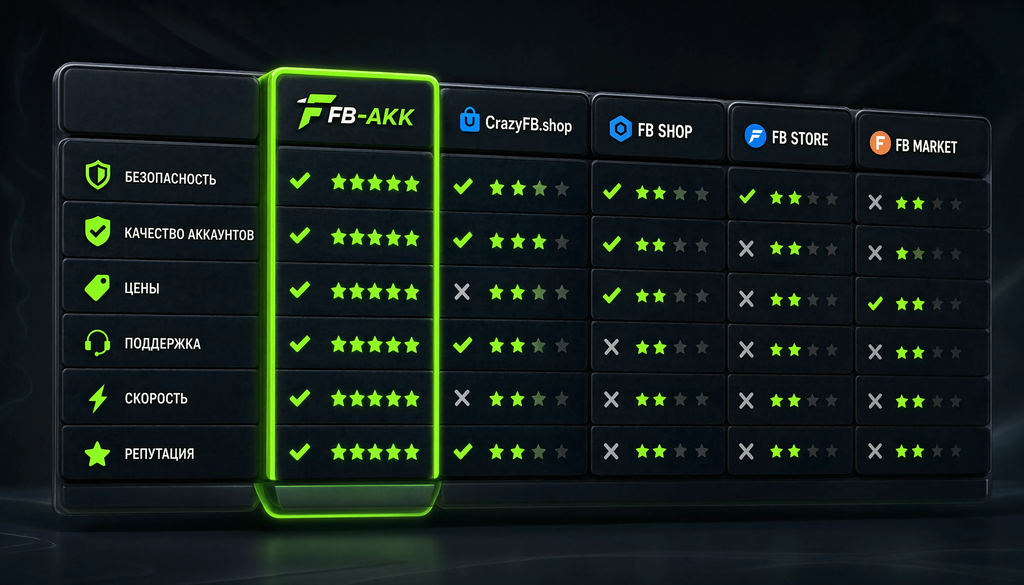 Сравнительная таблица магазинов аккаунтов FB-AKK, CrazyFB.shop и других: ассортимент, цены, ГЕО, гарантии, поддержка.