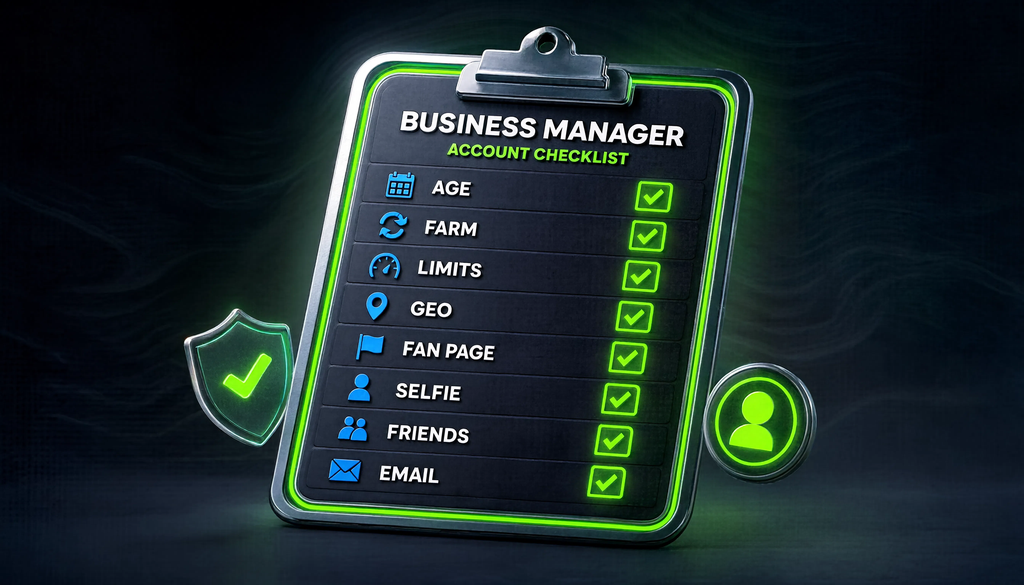 Checklist for choosing and verifying a Facebook account with Business Manager after purchase: age, farming, limits, GEO, Fan Page, selfie, friends, email.