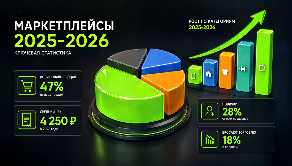 Инфографика статистики маркетплейсов 2025-2026: доля онлайн-продаж, средний чек, рост по категориям, процент новичков, бросающих торговлю.