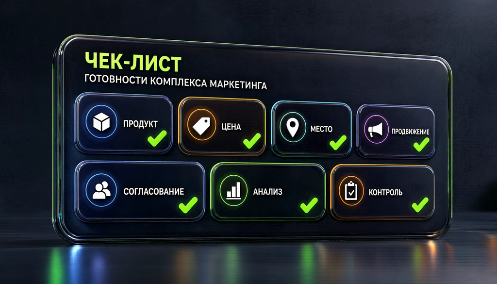 Инфографика чек-лист готовности комплекса маркетинга (продукт, цена, место, продвижение, согласование, анализ, контроль)