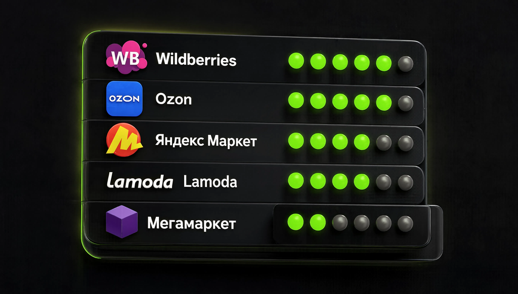 Сравнительная таблица маркетплейсов Wildberries, Ozon, Яндекс Маркет, Lamoda, Мегамаркет по трафику, комиссии, конкуренции и целевой аудитории