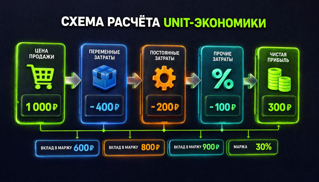 Схема расчёта unit-экономики от цены продажи до чистой прибыли со всеми вычетами и итоговой маржой