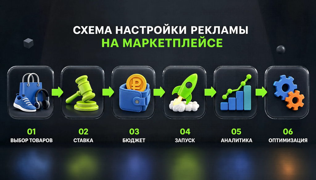 Схема настройки рекламы на маркетплейсе: выбор товаров, ставка, бюджет, запуск, аналитика, оптимизация.