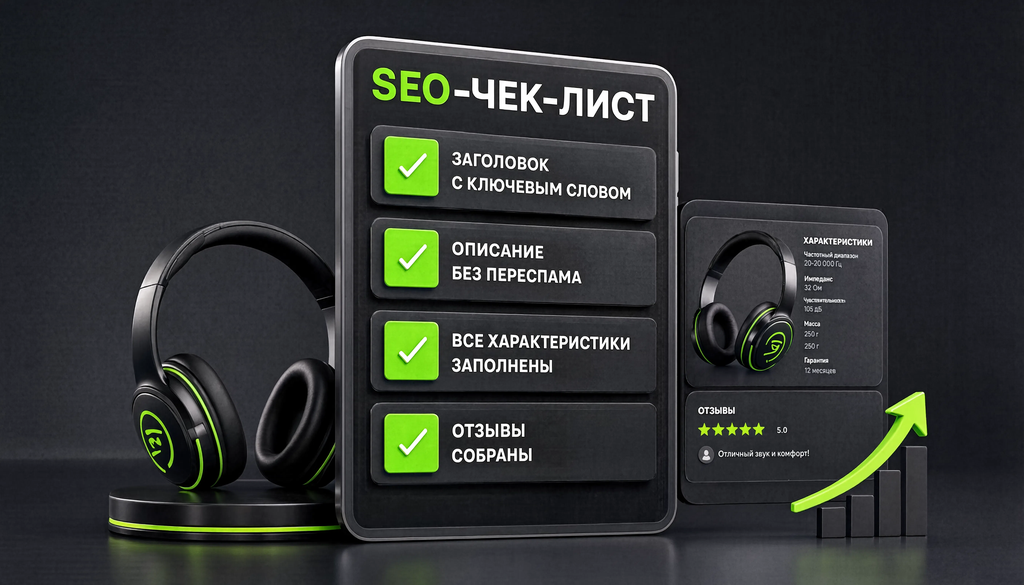 Чек-лист SEO карточки: заголовок с ключевым словом, описание без переспама, все характеристики заполнены, инфографика на фото, отзывы собраны.