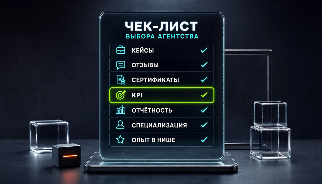 Чек-лист выбора агентства: кейсы, отзывы, сертификаты, KPI, отчётность, специализация, опыт в нише
