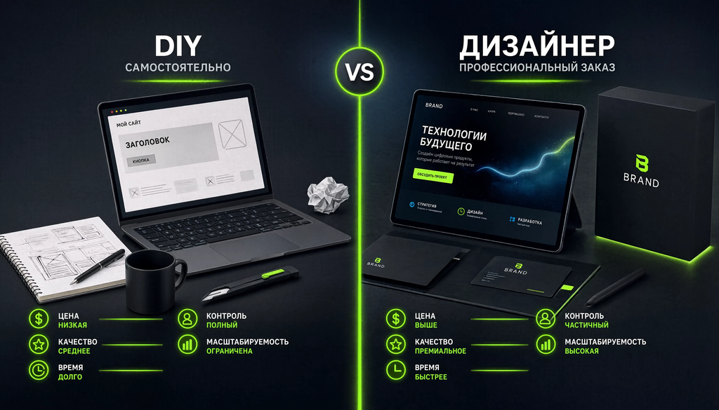 Comparison of self-made design vs hiring a designer across price, quality, time, control, and scalability.