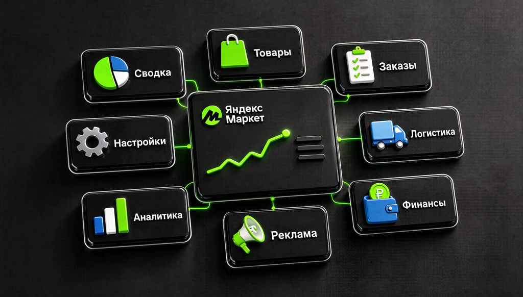 Схема разделов личного кабинета селлера Яндекс Маркета: Сводка, Товары, Заказы, Логистика, Финансы, Реклама, Аналитика, Настройки.