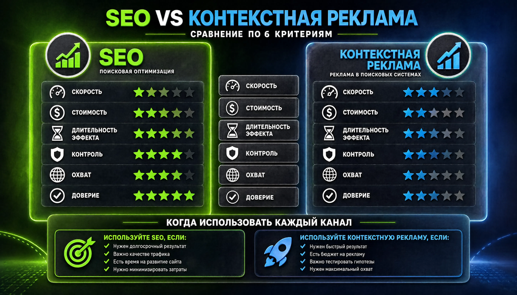 Сравнение SEO и контекстной рекламы по шести критериям: скорость, стоимость, длительность эффекта, контроль, охват, доверие. Две колонки с оценками и блок «когда использовать каждый канал».