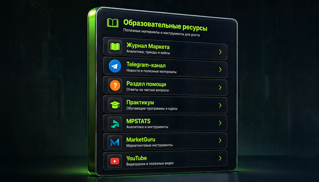 Список обучающих ресурсов: Журнал Маркета, Telegram-канал, раздел помощи, Практикум, MPSTATS, MarketGuru, YouTube