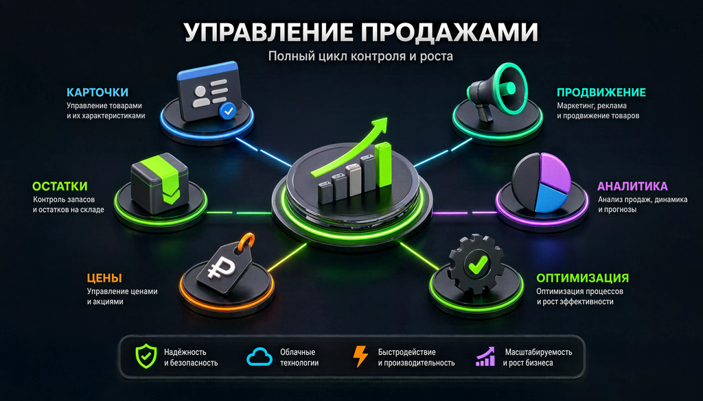 Схема управления продажами: карточки, остатки, цены, продвижение, аналитика, оптимизация