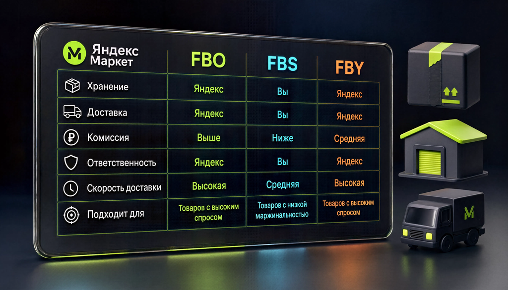 Сравнение моделей логистики FBO, FBS и FBY на Яндекс Маркете.