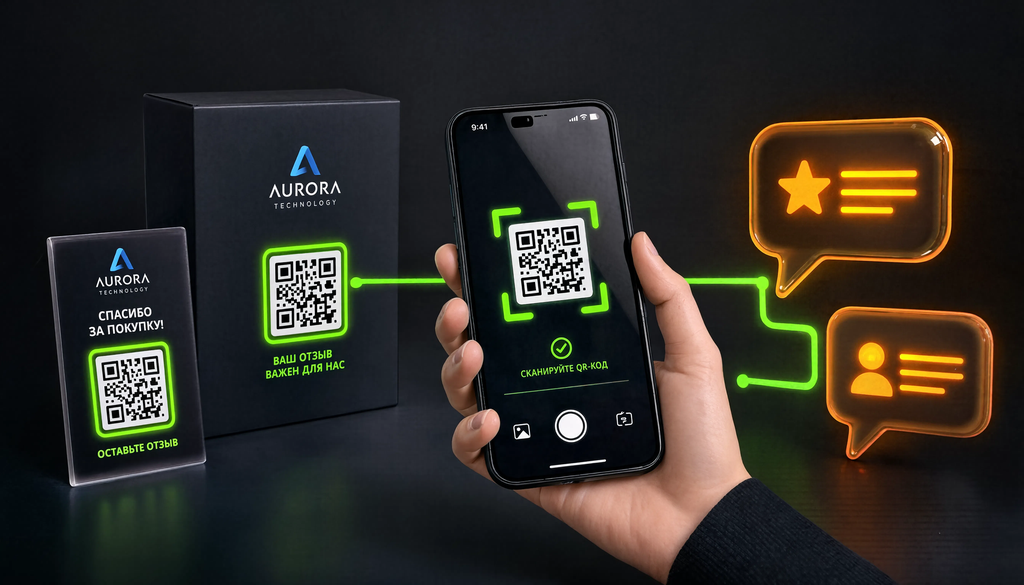 Схема получения отзывов: вкладыш с QR-кодом, покупатель сканирует и оставляет отзыв, селлер отвечает