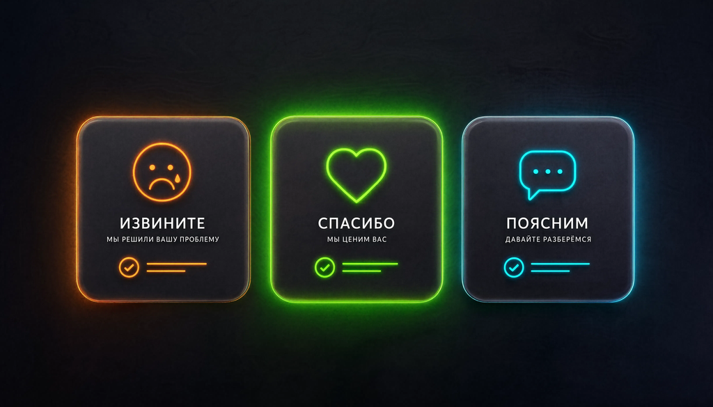 Примеры ответов на отзывы: благодарность, извинение с решением, вежливое разъяснение