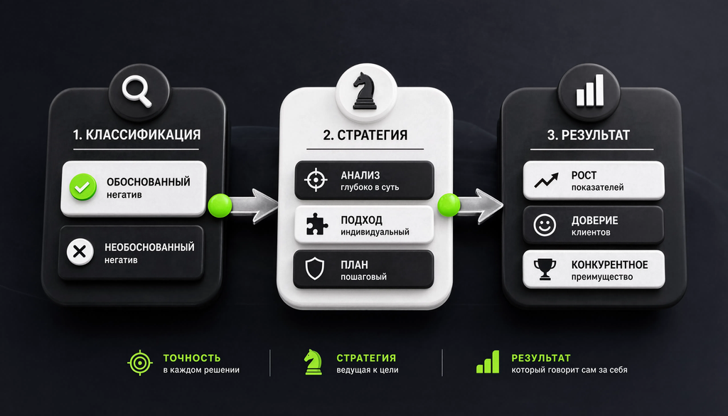 Схема работы с негативом: классификация (обоснованный/необоснованный) &rarr; стратегия &rarr; результат