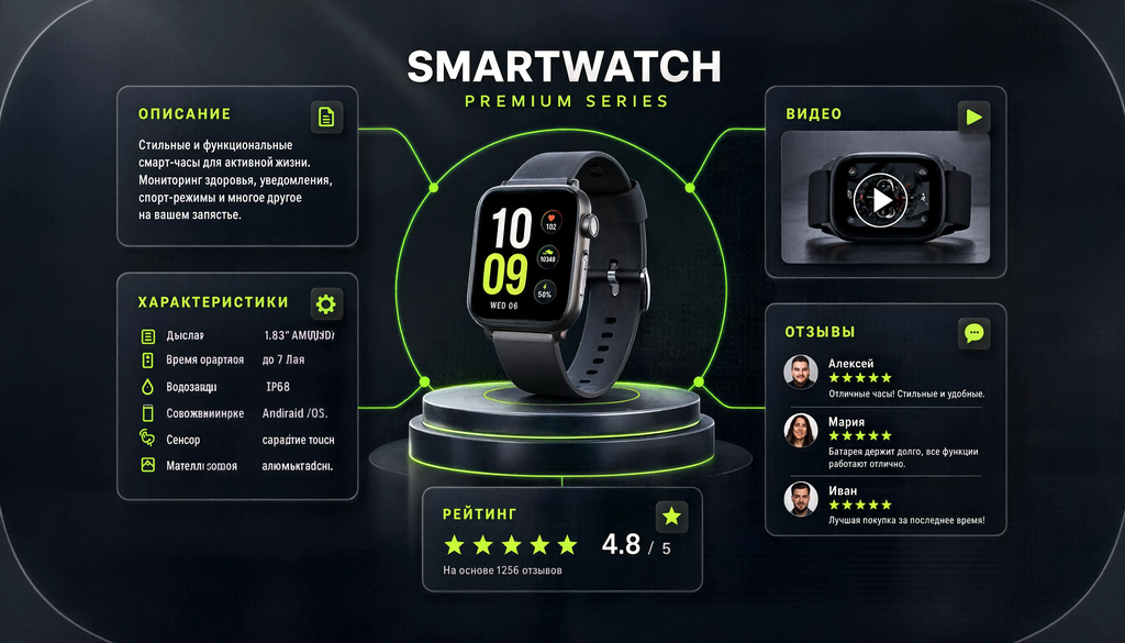 Product presentation schema showing flow from main photo to specifications with reviews and rating