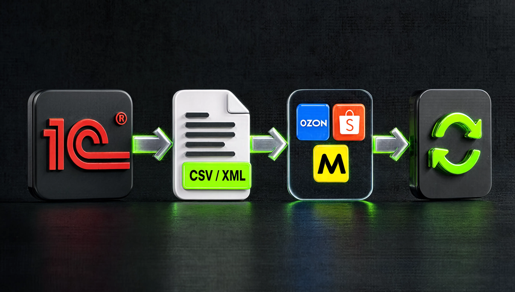 Схема работы фида: от системы селлера (1С) через фид (CSV/XML) к маркетплейсам и рекламным платформам с автоматическим обновлением.