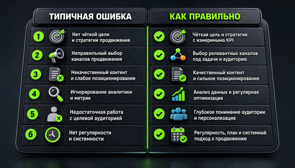 Comparative illustration showing six common internet marketing mistakes and their correct approaches in two columns