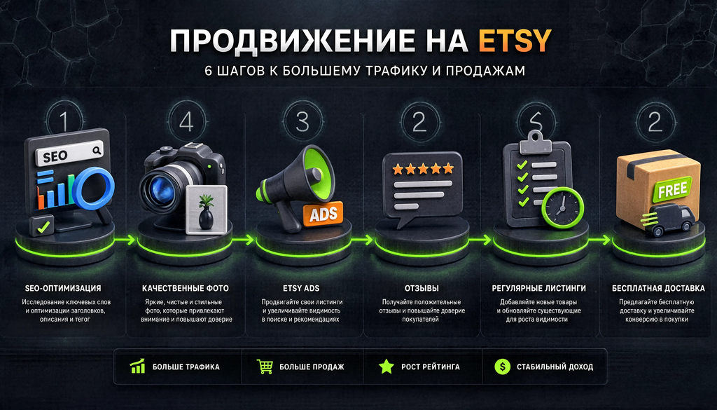 Схема продвижения на Etsy: SEO-оптимизация, качественные фото, Etsy Ads, отзывы, регулярные листинги, бесплатная доставка