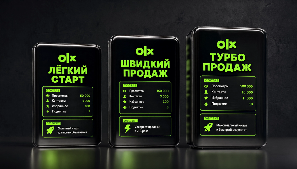 Схема рекламных пакетов OLX: Лёгкий старт, Швидкий продаж, Турбо продаж. Состав и эффект каждого пакета.