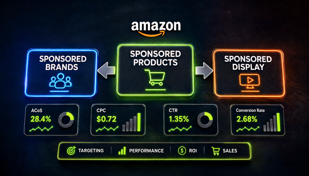 Схема рекламы на Amazon: Sponsored Products, Sponsored Brands, Sponsored Display с метриками ACoS, CPC, CTR, Conversion Rate