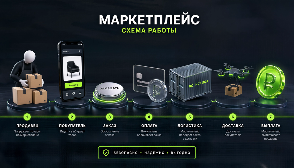 Схема работы маркетплейса: продавец загружает товары, покупатель ищет, заказ, оплата, логистика, доставка, выплата селлеру