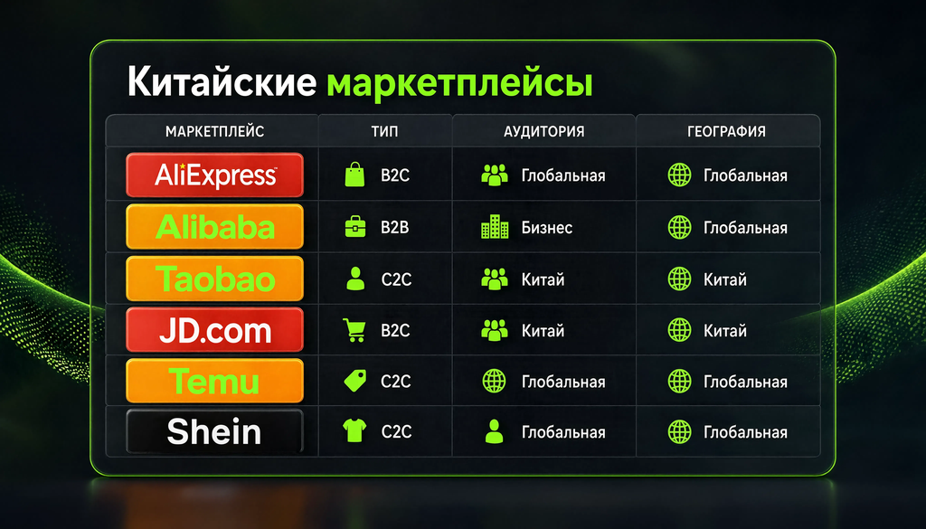 Таблица китайских маркетплейсов: AliExpress, Alibaba, Taobao, JD.com, Temu, Shein &mdash; по типу, аудитории, географии.