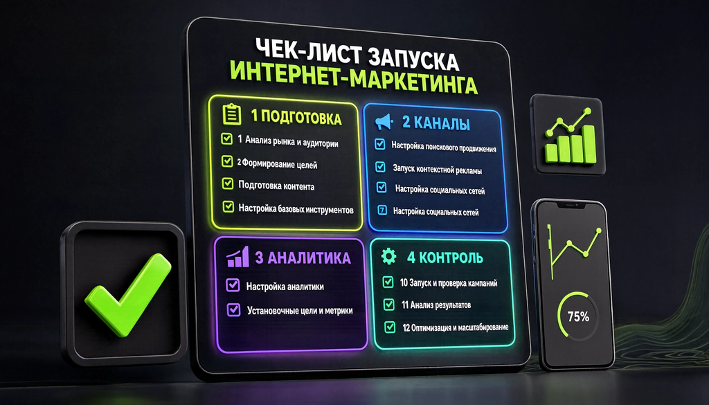 Инфографика чек-лист запуска интернет-маркетинга: подготовка, каналы, аналитика, контроль
