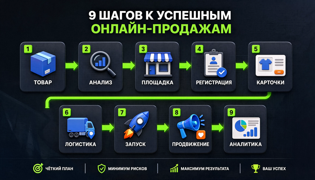 Пошаговая схема запуска онлайн-продаж: товар → анализ → площадка → регистрация → карточки → логистика → запуск → продвижение → аналитика.