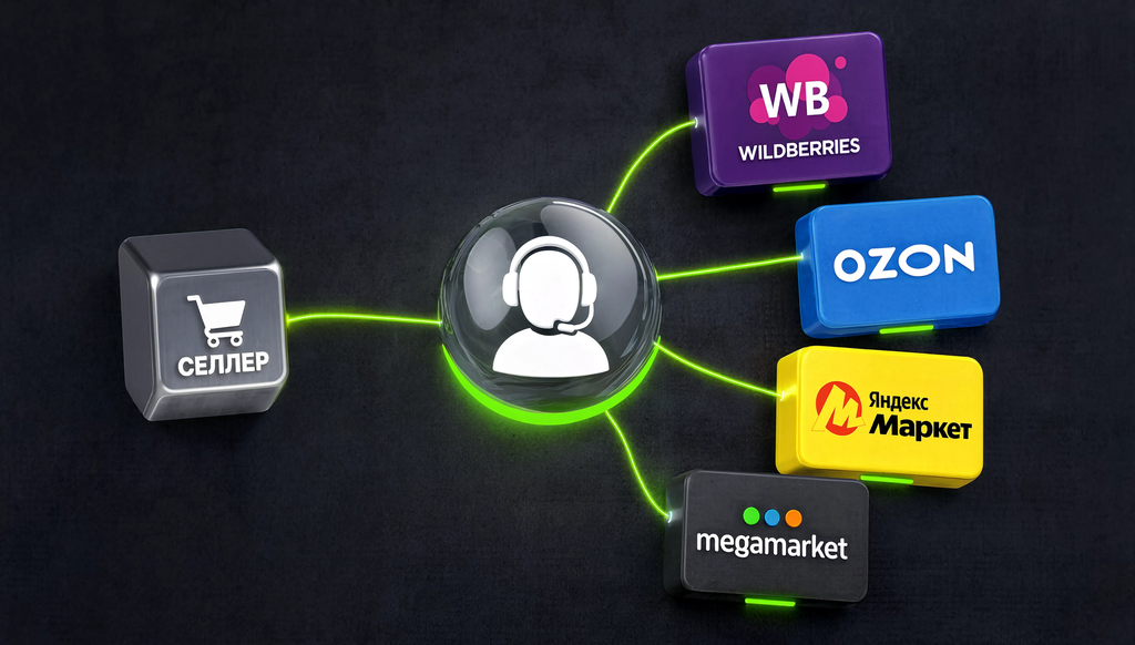 Схема работы онлайн-менеджера: селлер передает управление на Wildberries, Ozon, Яндекс Маркет, Megamarket через единый интерфейс