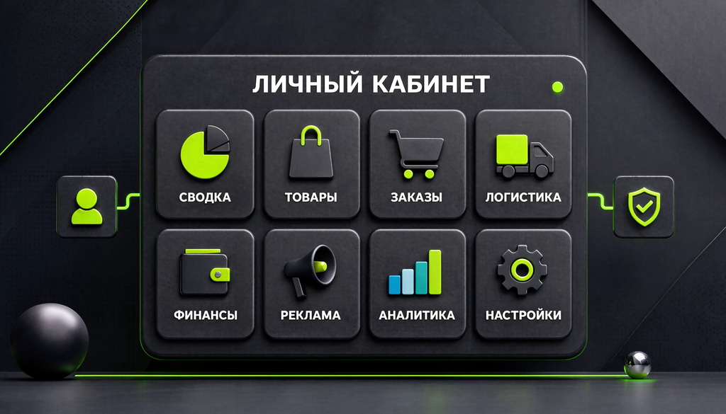 Схема разделов личного кабинета: Сводка, Товары, Заказы, Логистика, Финансы, Реклама, Аналитика, Настройки