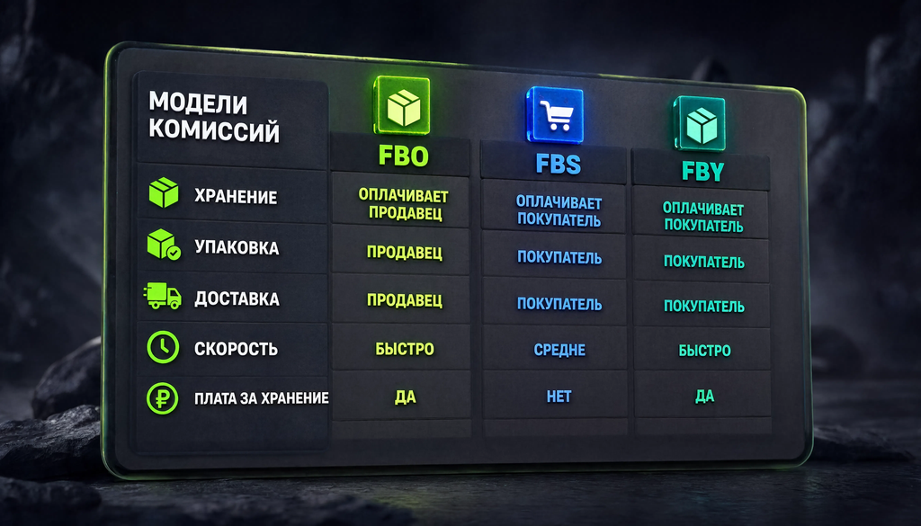 Сравнение моделей FBO, FBS, FBY по хранению, упаковке, доставке, скорости и комиссиям