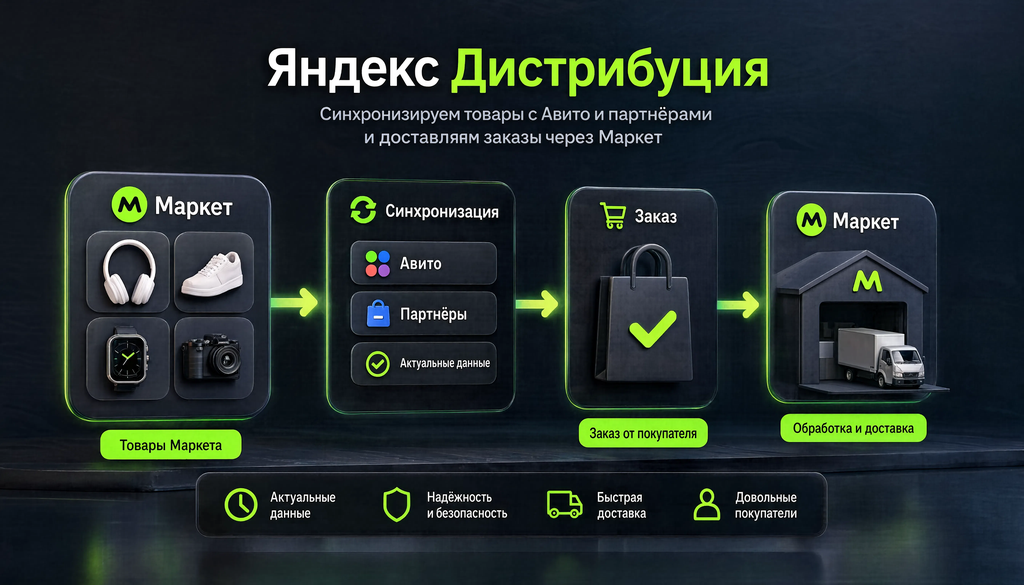 Схема процесса Яндекс Дистрибуции: товары Маркета, синхронизация с Авито и партнёрами, заказ, обработка, выплата.