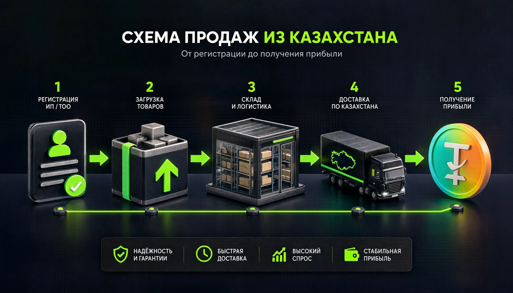 Схема продаж из Казахстана: регистрация ИП/ТОО, загрузка товаров, локальный склад, доставка по Казахстану, выплаты в тенге