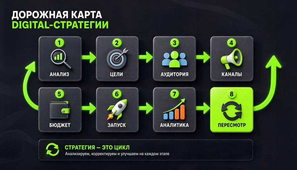 Roadmap of digital strategy development process with 8 stages: analysis, goals, audience, channels, budget, launch, analytics, revision, with feedback loops showing revision can return to any previous step.