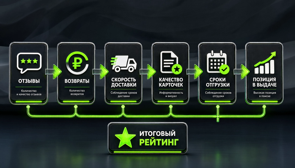Схема формирования рейтинга: отзывы, возвраты, скорость доставки, качество карточек, сроки отгрузки, позиция в выдаче