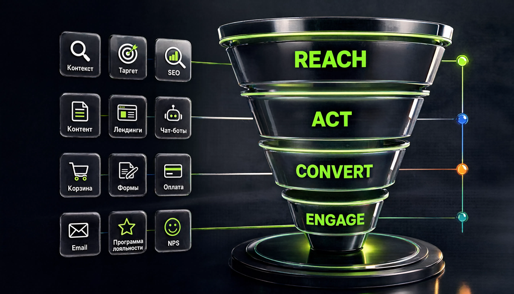 Инфографика модели RACE с каналами на этапах Reach, Act, Convert, Engage