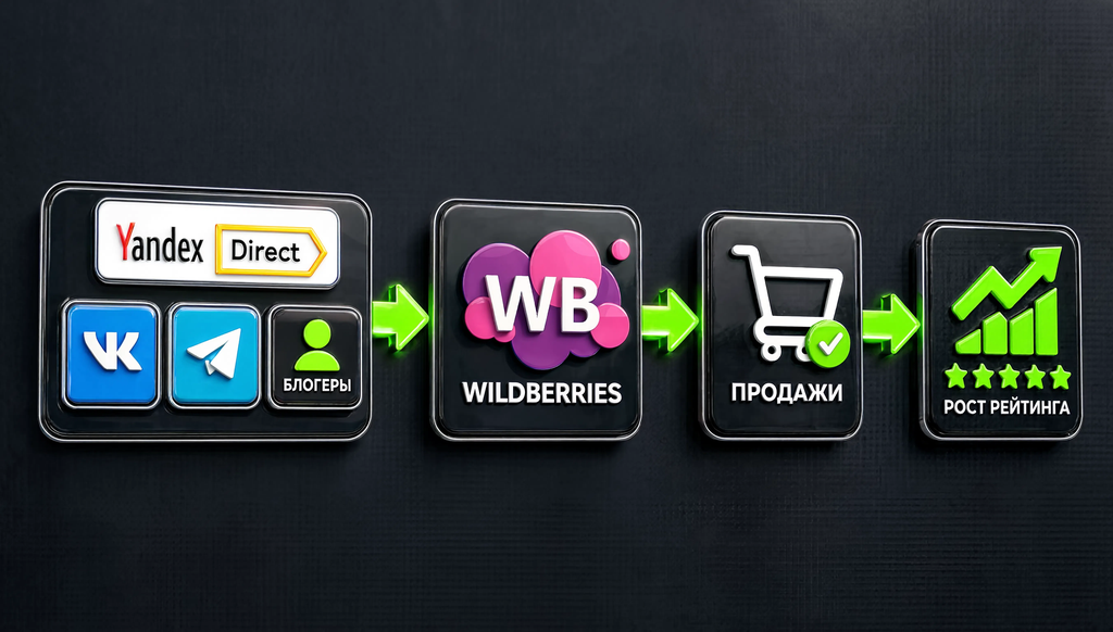 Схема внешней рекламы: Яндекс Директ, VK, Telegram, блогеры &rarr; трафик &rarr; карточка WB &rarr; продажи &rarr; рост рейтинга