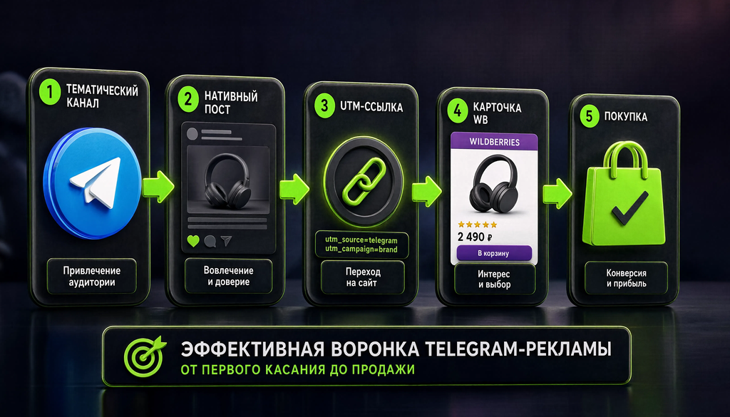 Схема Telegram-рекламы от тематического канала до покупки на Wildberries