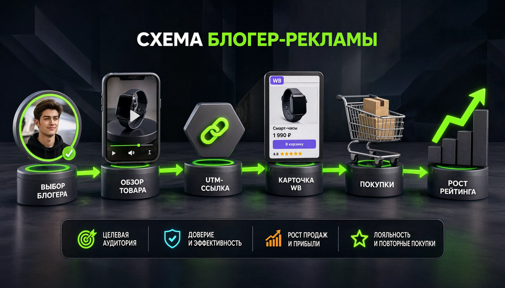 Схема блогер-рекламы: выбор блогера, обзор товара, UTM-ссылка, карточка WB, покупки, рост рейтинга