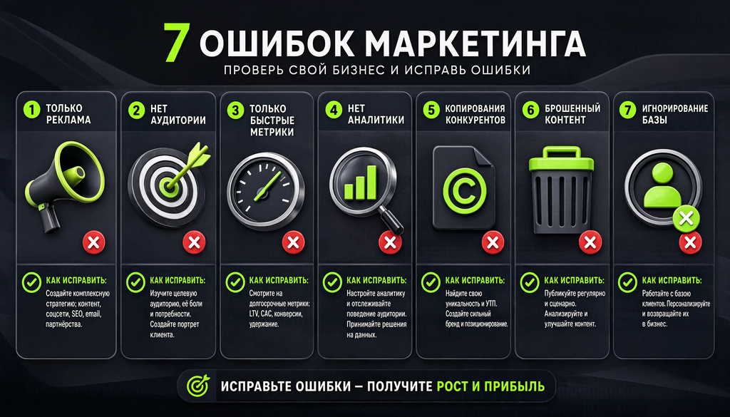Инфографика: семь типичных ошибок маркетинга и способы их исправления